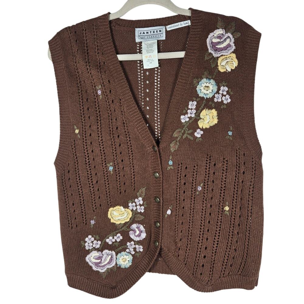 Jantzen Sweater Vest Womens Medium Brown Hand Embroidered Floral Button Front